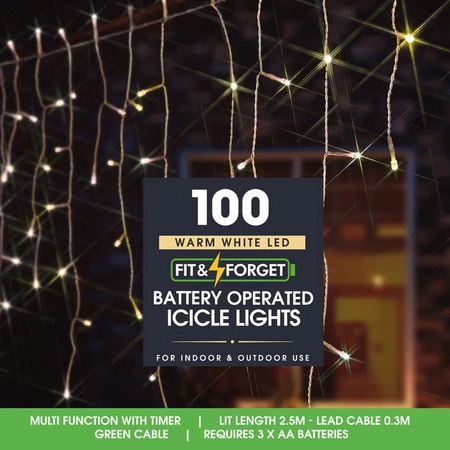 100 Warm White Multi Function Icicle Battery Lights